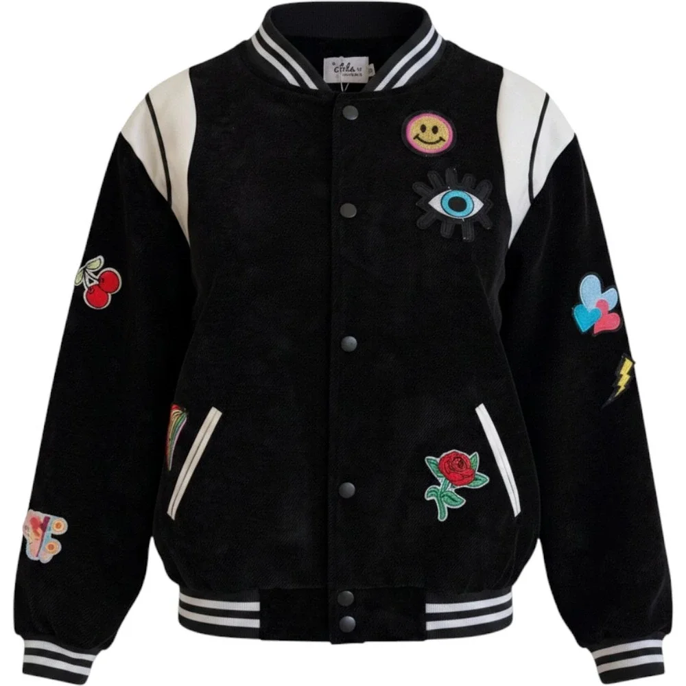 Lola + The Boys Girls Black Corduroy Varsity Jacket Multi Patch Bomber Size 12